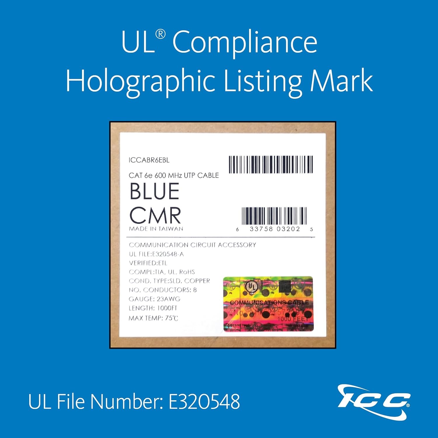 ICC Cat6e CMR Riser 1000ft UTP 23AWG Solid Copper Bulk Ethernet Cable Blue