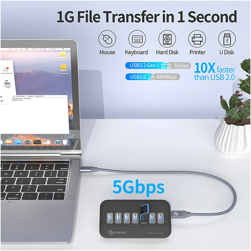 4/7 Ports USB 3.2 Hub USB C Docking Station Type C Splitter Adapter 5/10 Gbps BK