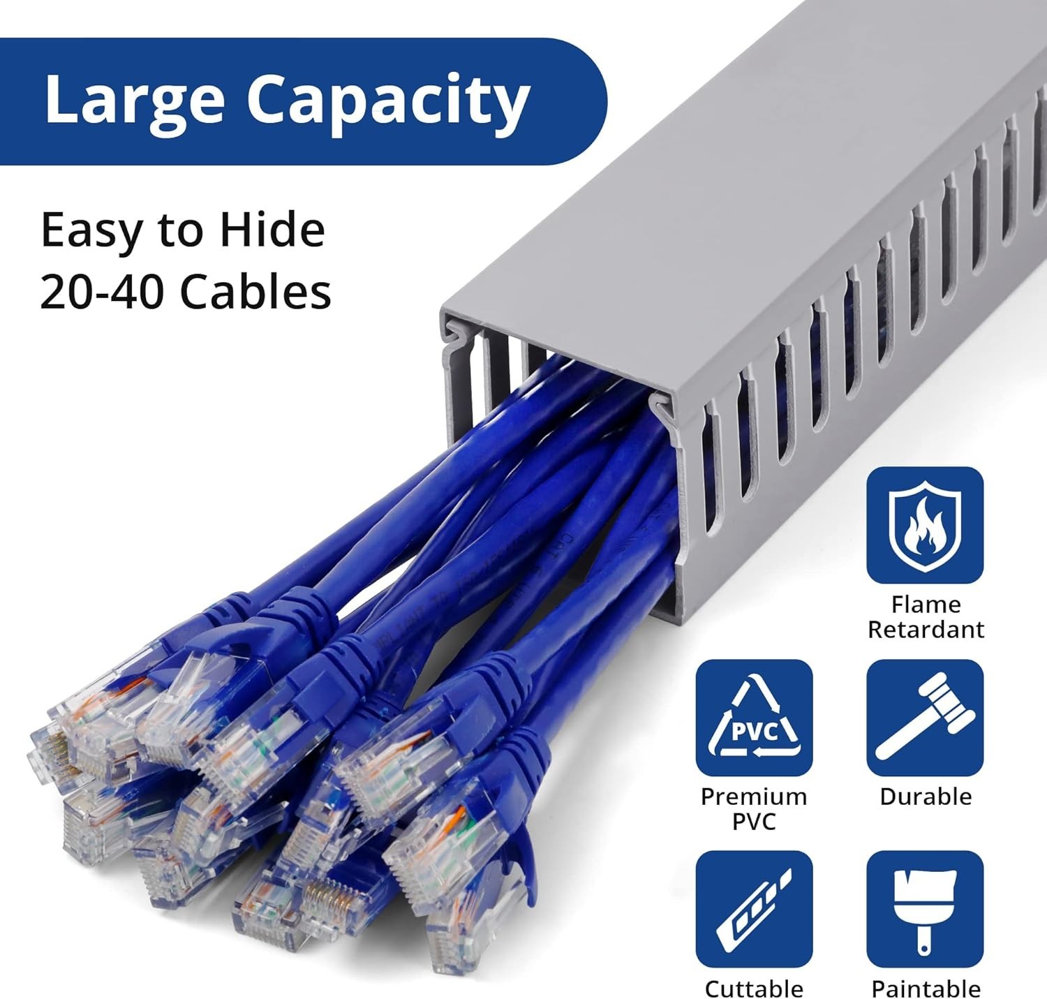 2x2in Rack Cable Management 6.6FT PVC Raceway Kit, Open Slot Wire Duct, Grey