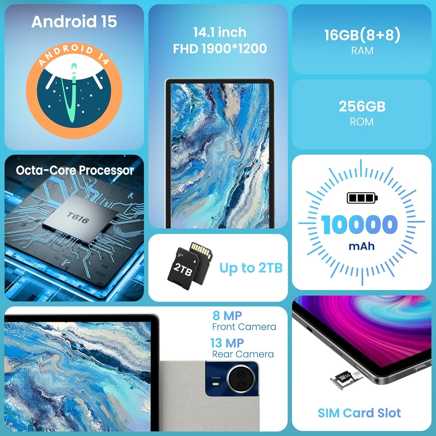 14 inch Large Screen Tablet, Android 15 Tablet 16GB RAM 256GB ROM,10000mAh