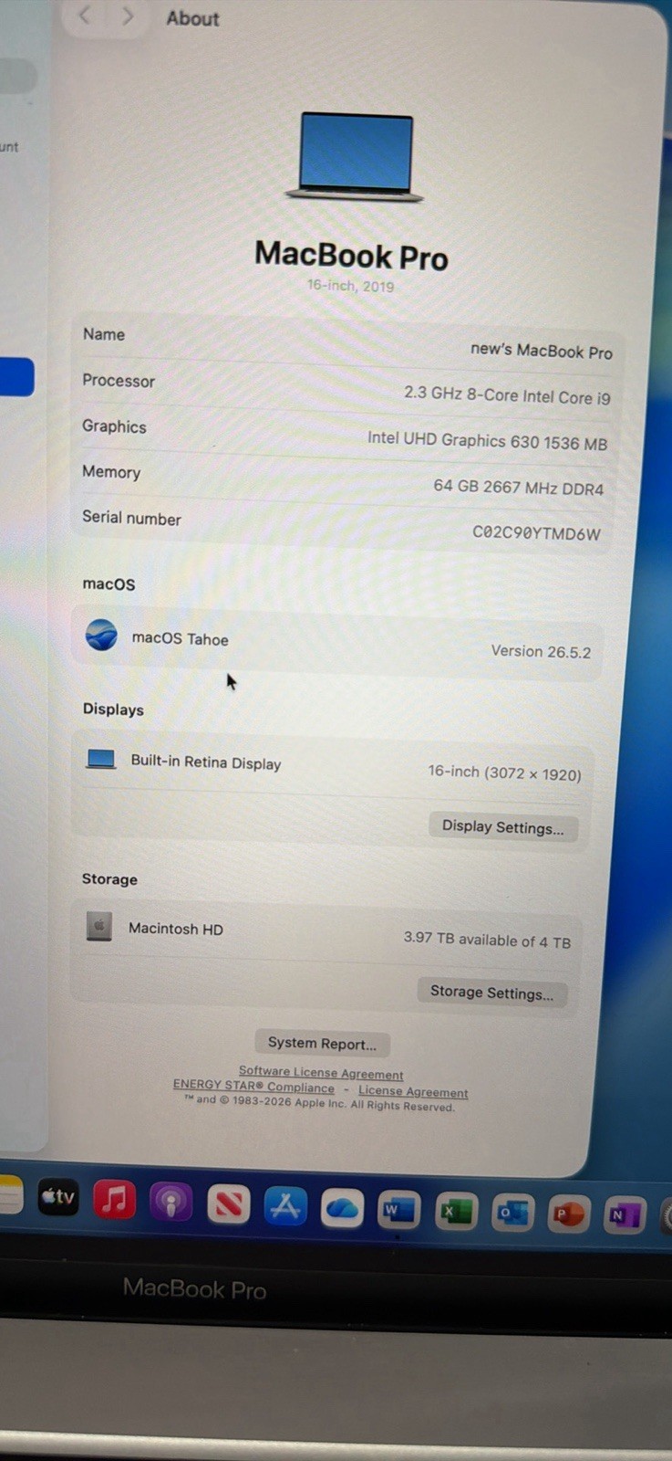 APPLE MACBOOK PRO 16” TOUCHBAR INTEL 8 CORE i9 64GB RAM 4TB SSD! MACOS TAHOE 26