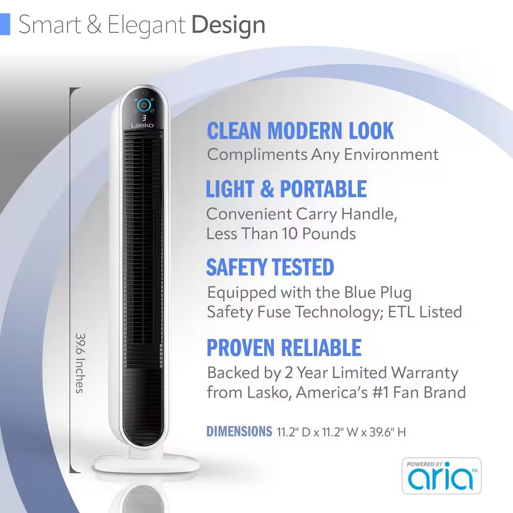 40 In. 5 Speed Smart Tower Fan in White, Powered by Aria, Wi-Fi, Voice Controlle
