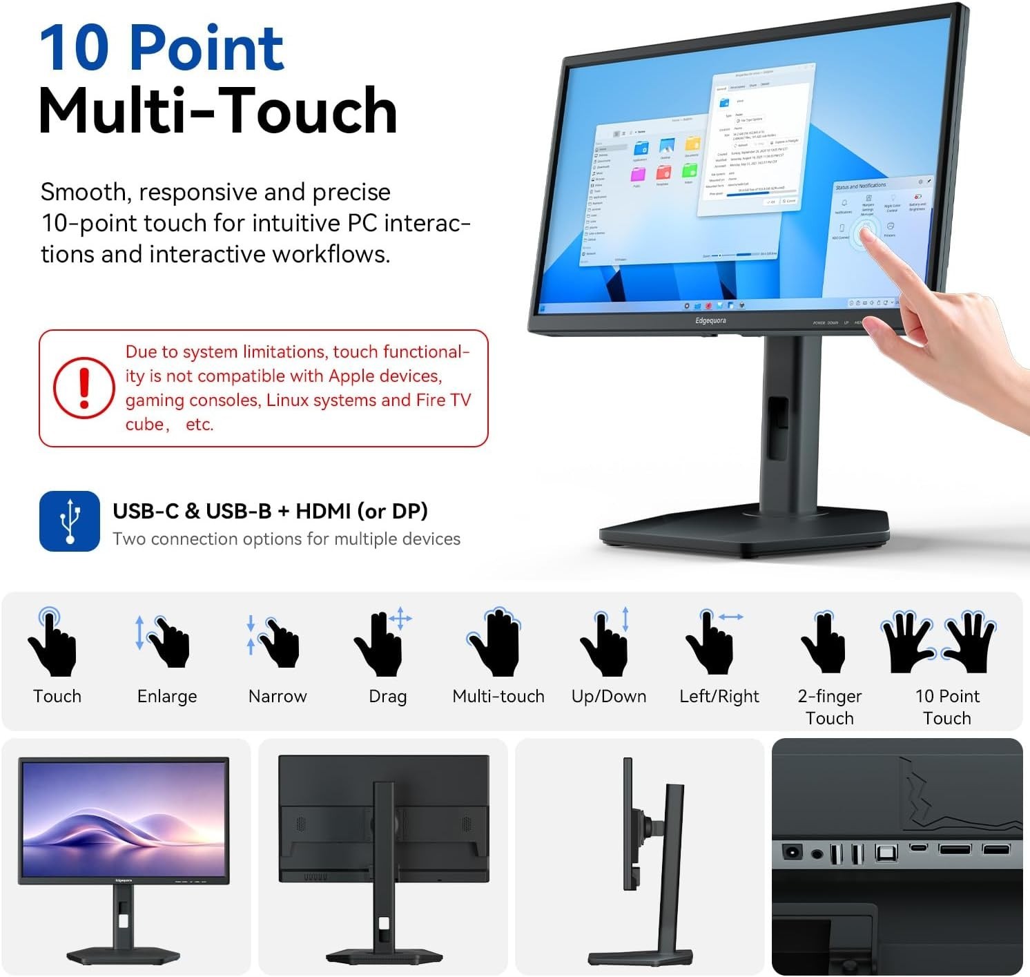 Edgequora 22 Inch Touchscreen Monitor 10-Point Touch Metal Stand FHD 1080p 75Hz