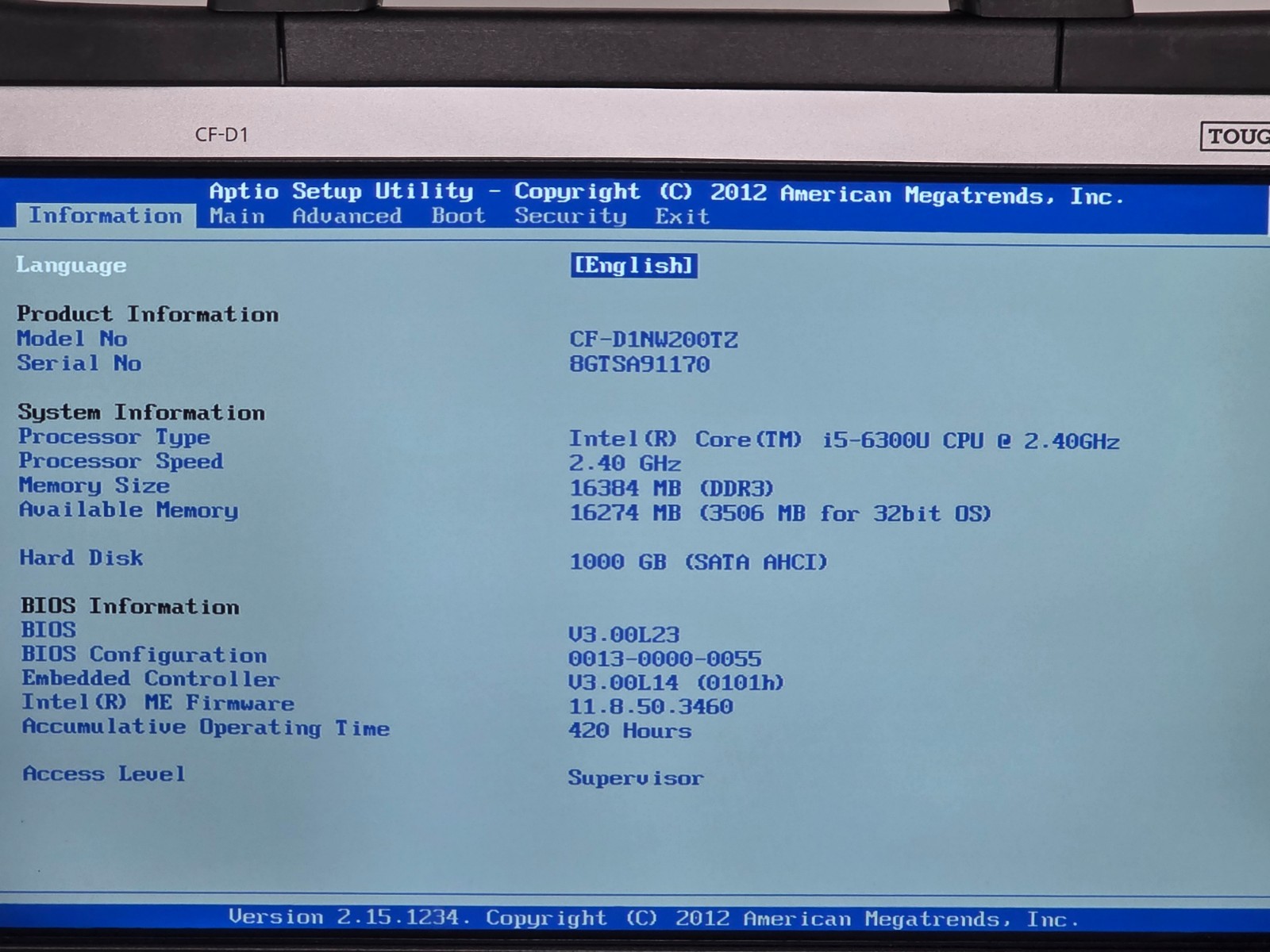 PANASONIC TOUGHBOOK CF-D1 MK3 i5 2.40GHZ 16GB 1TB SSD TABLET GRADE A 420HRS
