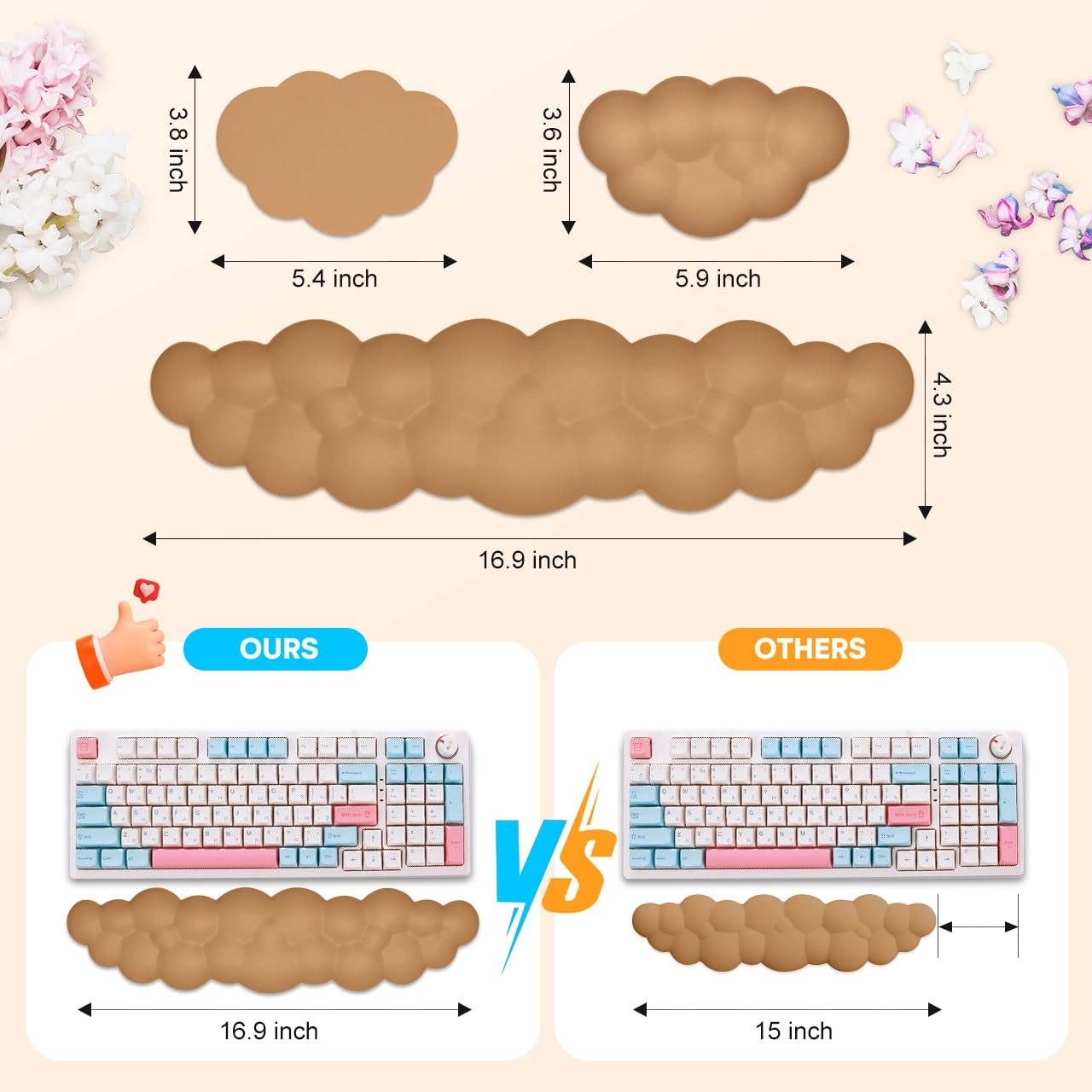 JIKIOU Upgrade Leather Cloud Keyboard Wrist Rest, 16.9×4.3×0.82 in, 10brown