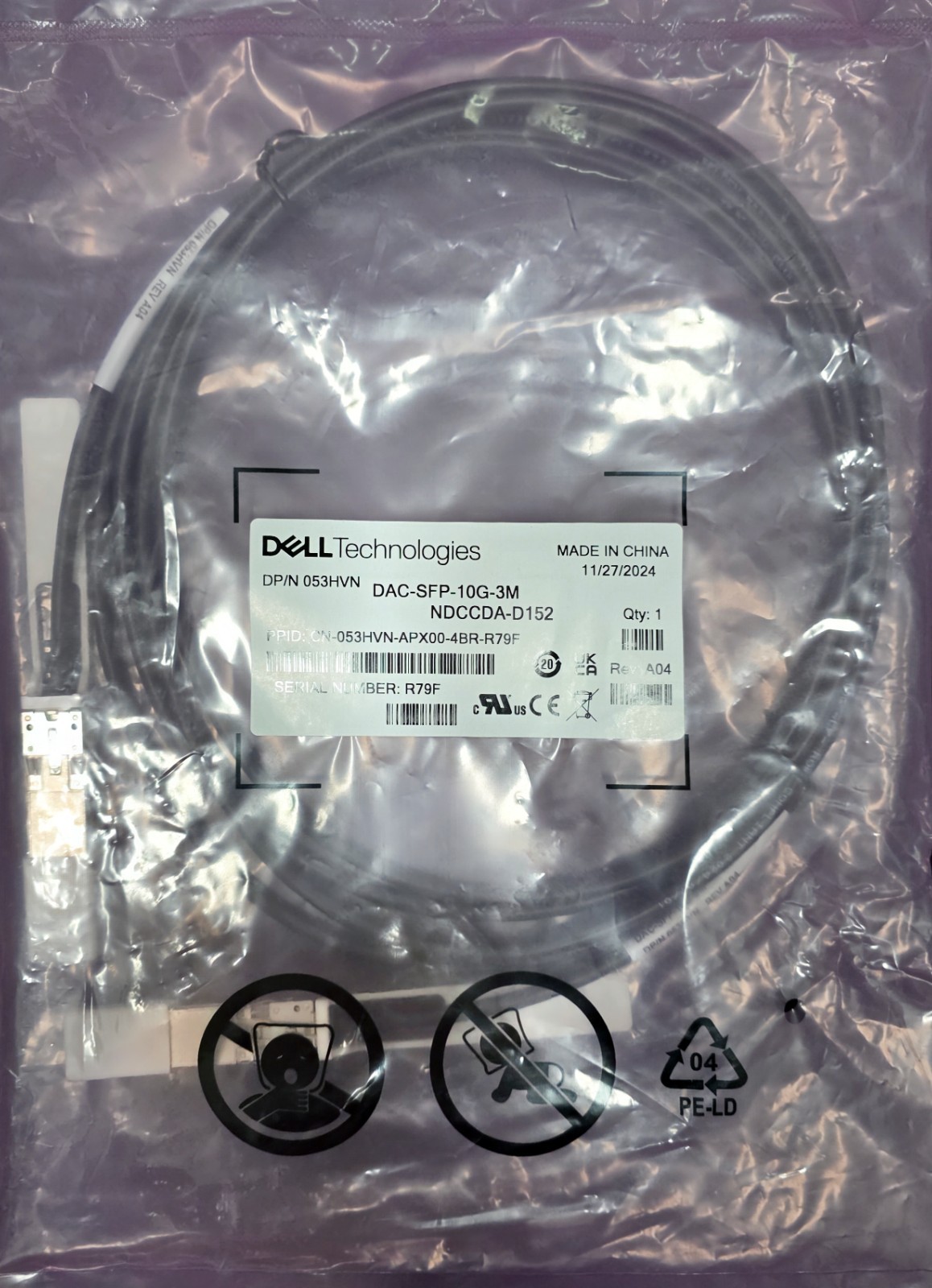 Dell 53HVN DAC-SFP-10G-3M NDCCDAD152 Twinax cable 3 m/9.8 ft NEW SEALED