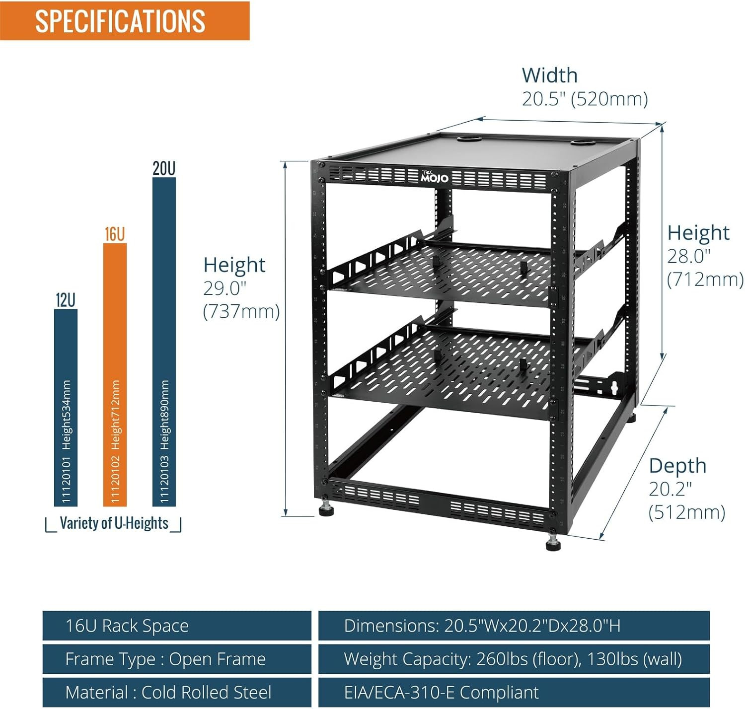 16U Open Frame Network Rack for IT & AV Gear, AV Rack Floor Standing or Wall Mou