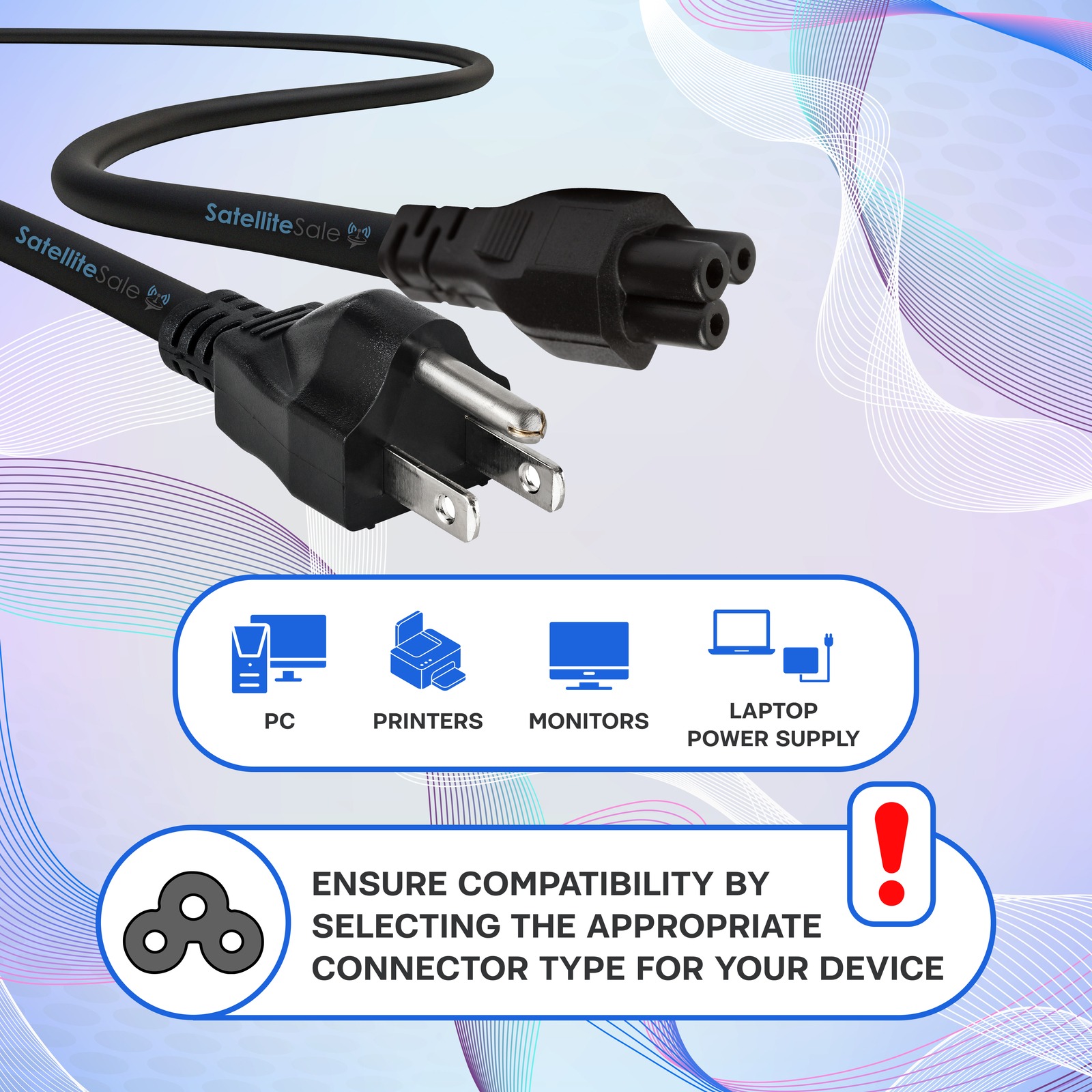 SatelliteSale Heavy-Duty Power Cable Male NEMA 5-15P to Female C5 or C13/C14