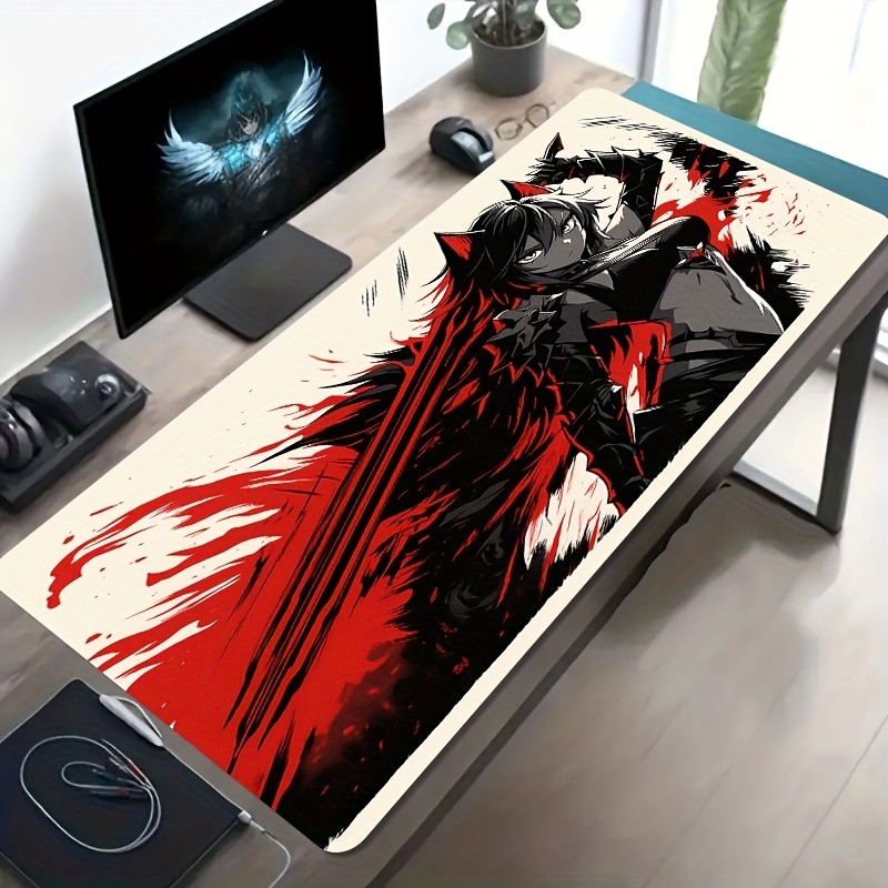 1 Large Gaming Mouse Pad with Red and Black Cat-Ear Warrior Anime Art Design, N
