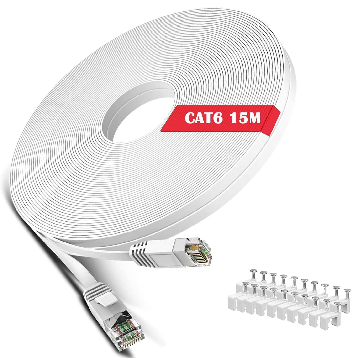 Cat 6 Ethernet Cable 50 ft White – Flat Internet Network LAN Patch Cords – Solid