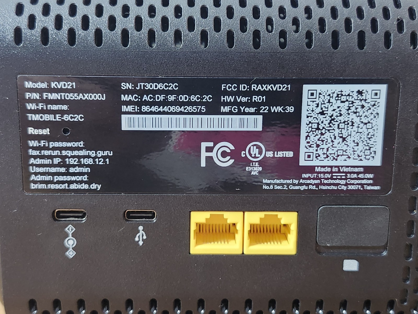 T-Mobile Arcadyan KVD21 5G Gateway WiFi 6 Home Internet Modem Router – Black