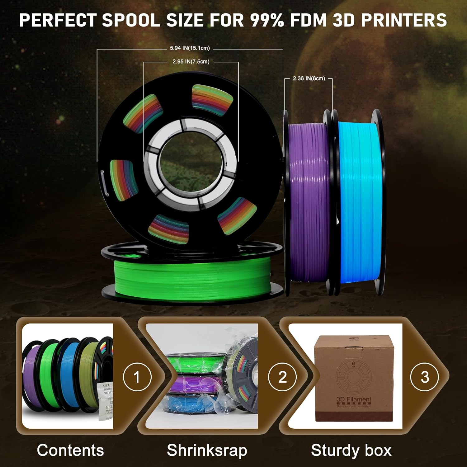 3D Printer Filament Bundle, Glow in the Dark Filament Multicolor, Green, Blue, P