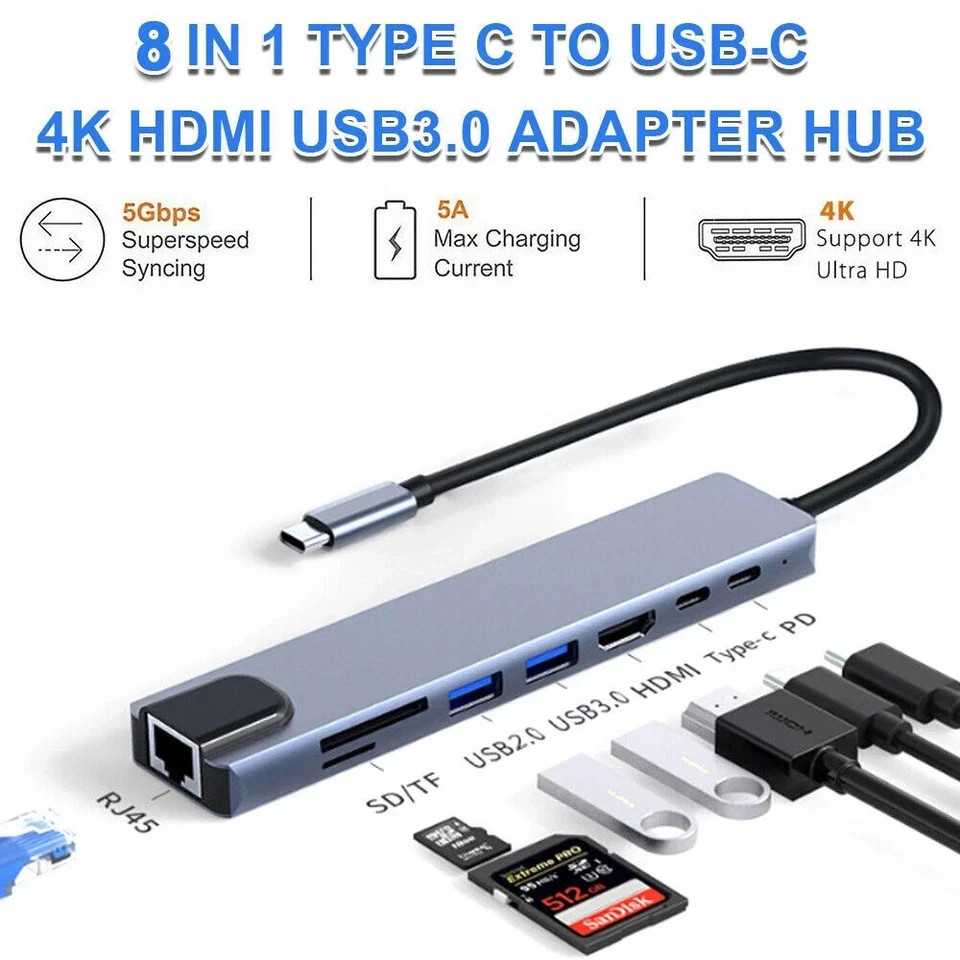 8 in 1 USB-C Hub Type C To USB 3.0 4K HDMI PD Adapter For iPhone Macbook Pro Air