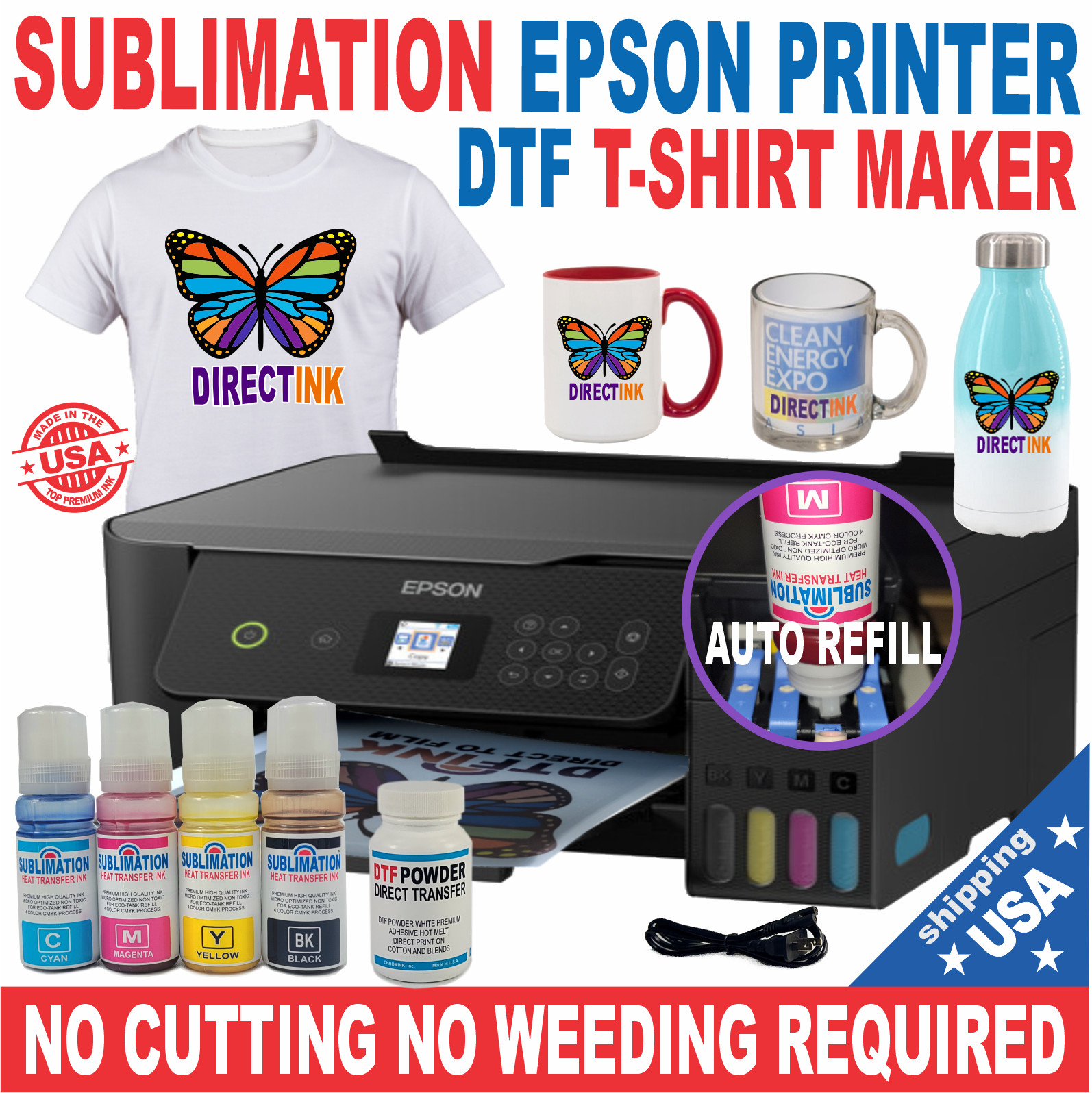 Epson Tank Printer with Sublimation-ink Heat Transfer + DTF T-Shirt Maker Kit.,,