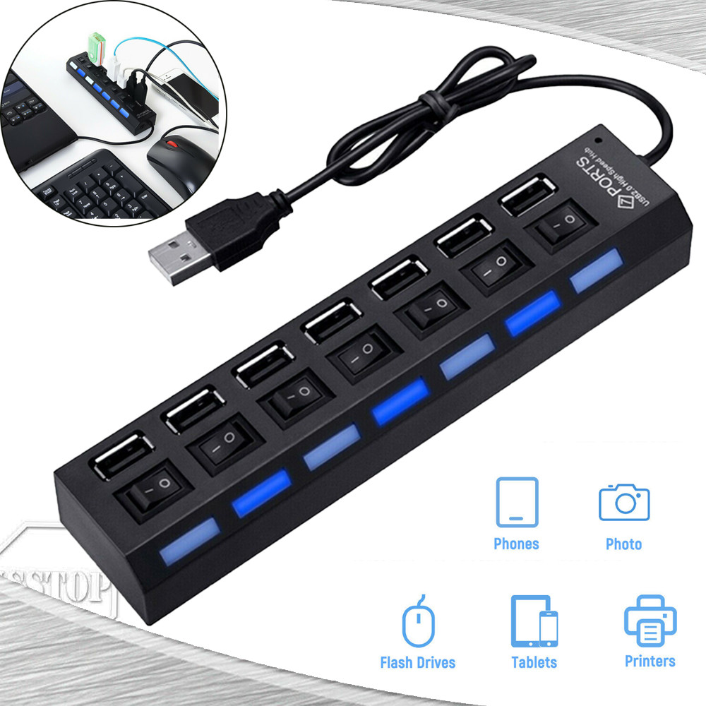 US 7 Port USB 2.0 Hub LED Powered High Speed Splitter Extender Multi Adapter
