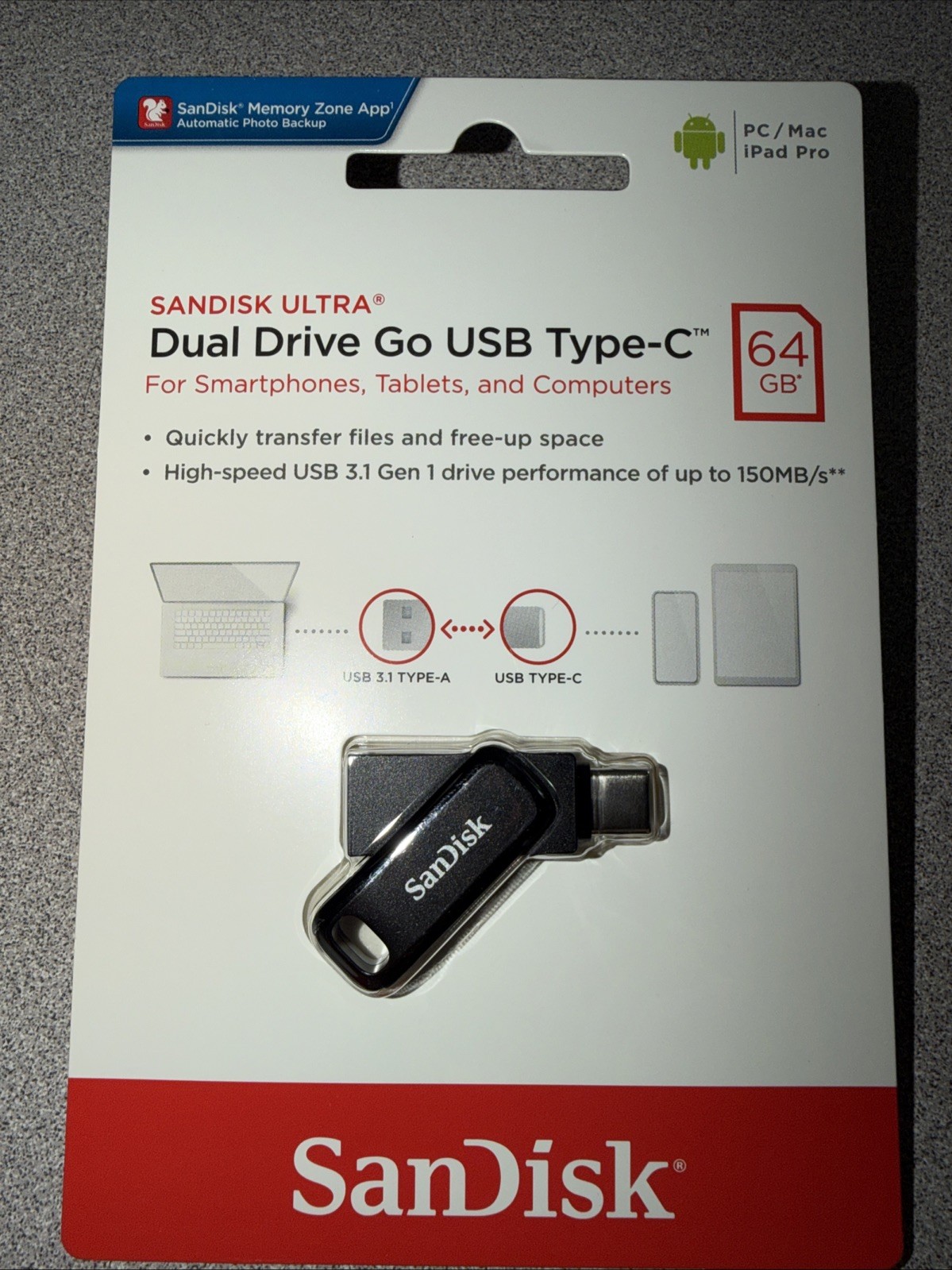 SanDisk 64GB Dual Drive Go USB Type -C 64 GB Flash Drive NEW