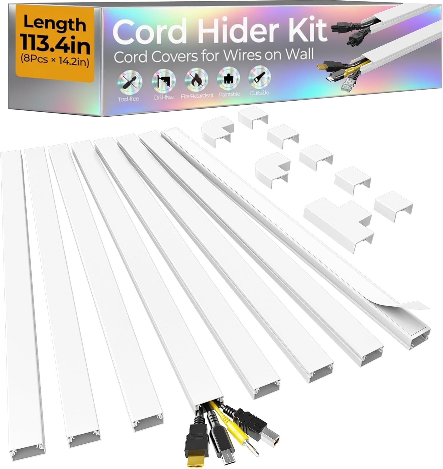 113.4in Cord Hider Kit, Covers L x 0.95in W x 0.55in H, White