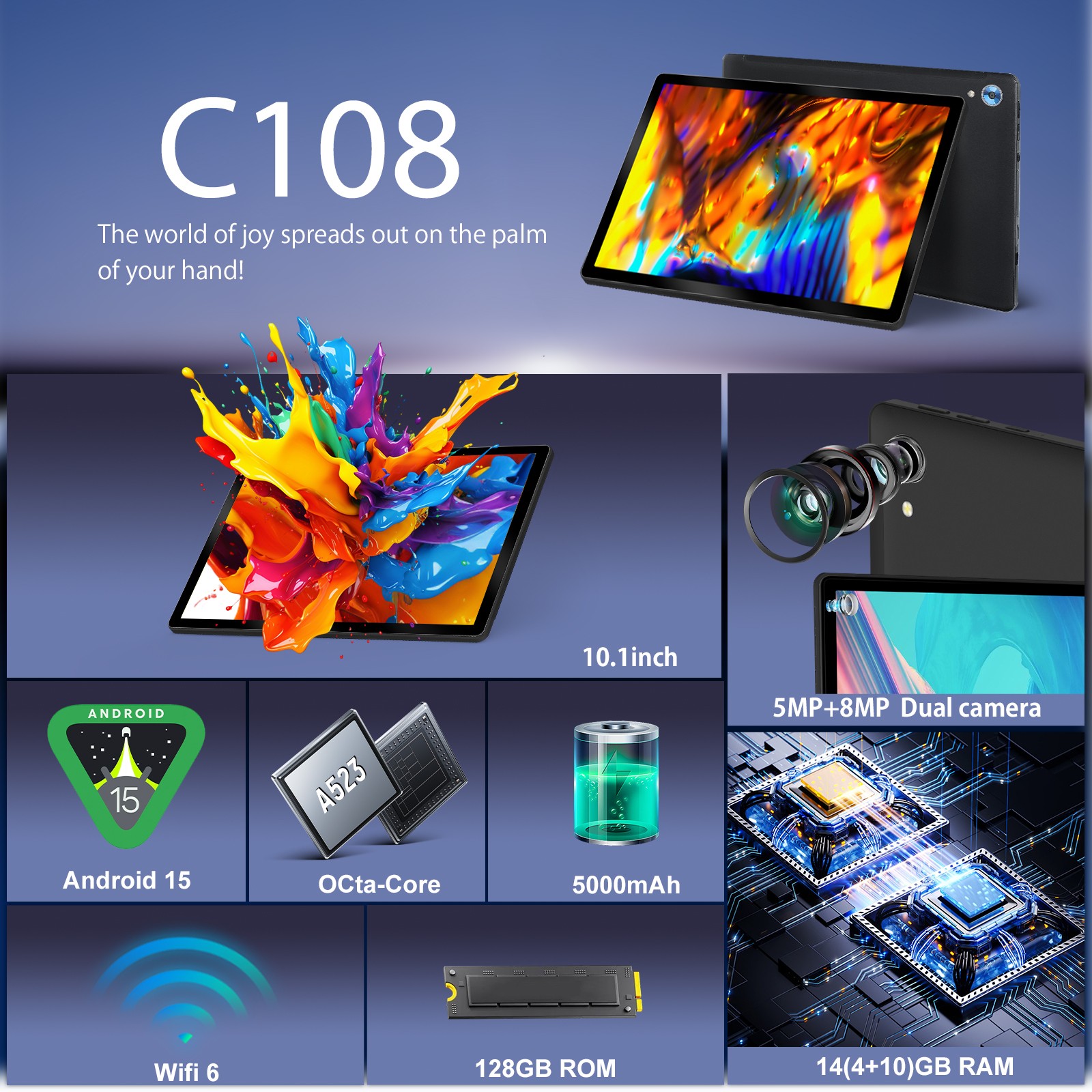 10.1 inch Android 15 Tablets HD Touchscreen Octa-Core 20GB RAM+128GB Dual Camera