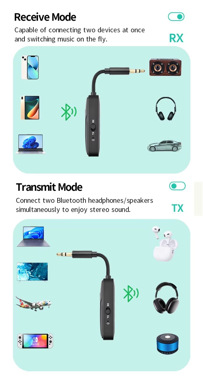 Bluetooth 6.0 Transmitter Call Music Receiver AUX Adapter for Car Headphone iPod