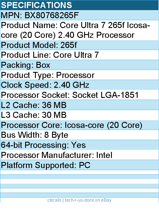 Intel BX80768265F Core Ultra 7 265f Icosa-core (20 Core) 2.40 GHz Processor