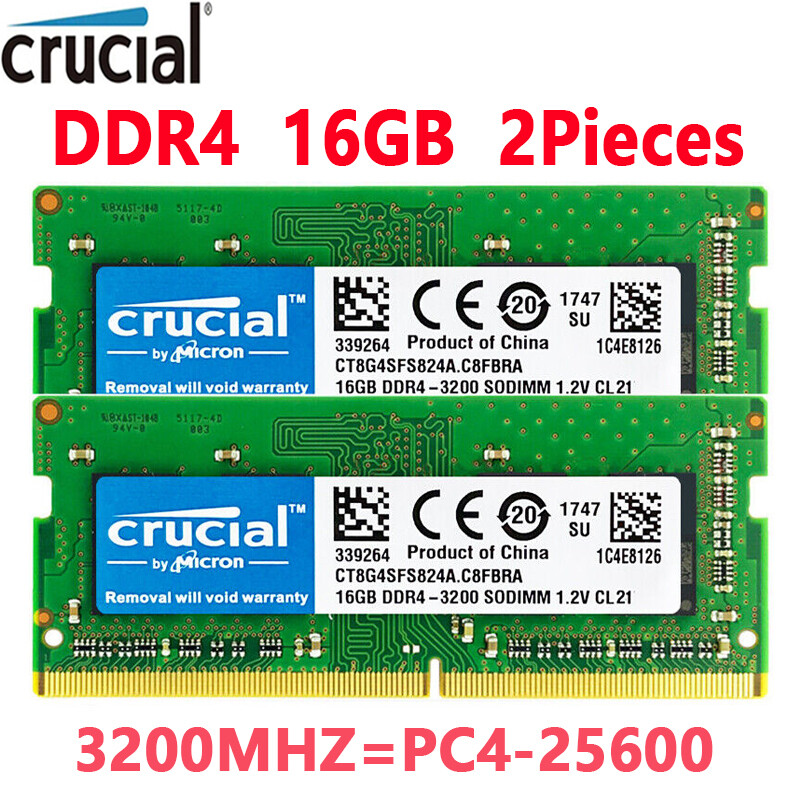 Crucial DDR4 32GB KIT 2 x 16GB 3200 MHz PC4-25600 SODIMM 260-Pin Laptop Memory