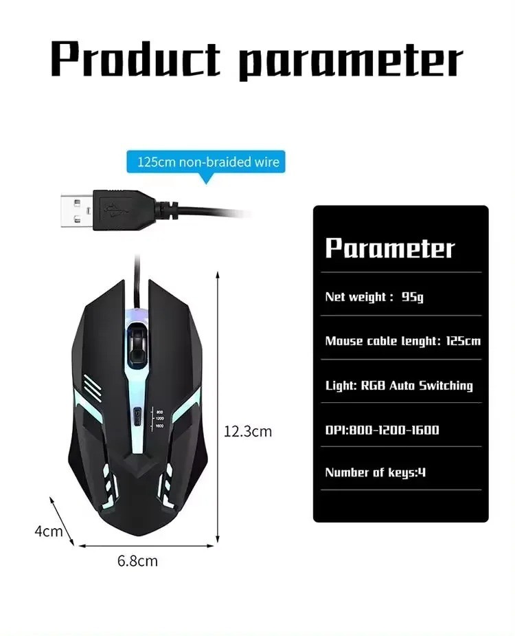 NEW WIRED USB OPTICAL MOUSE FOR PC LAPTOP COMPUTER ANDROID BOX SCROLL RGB LED