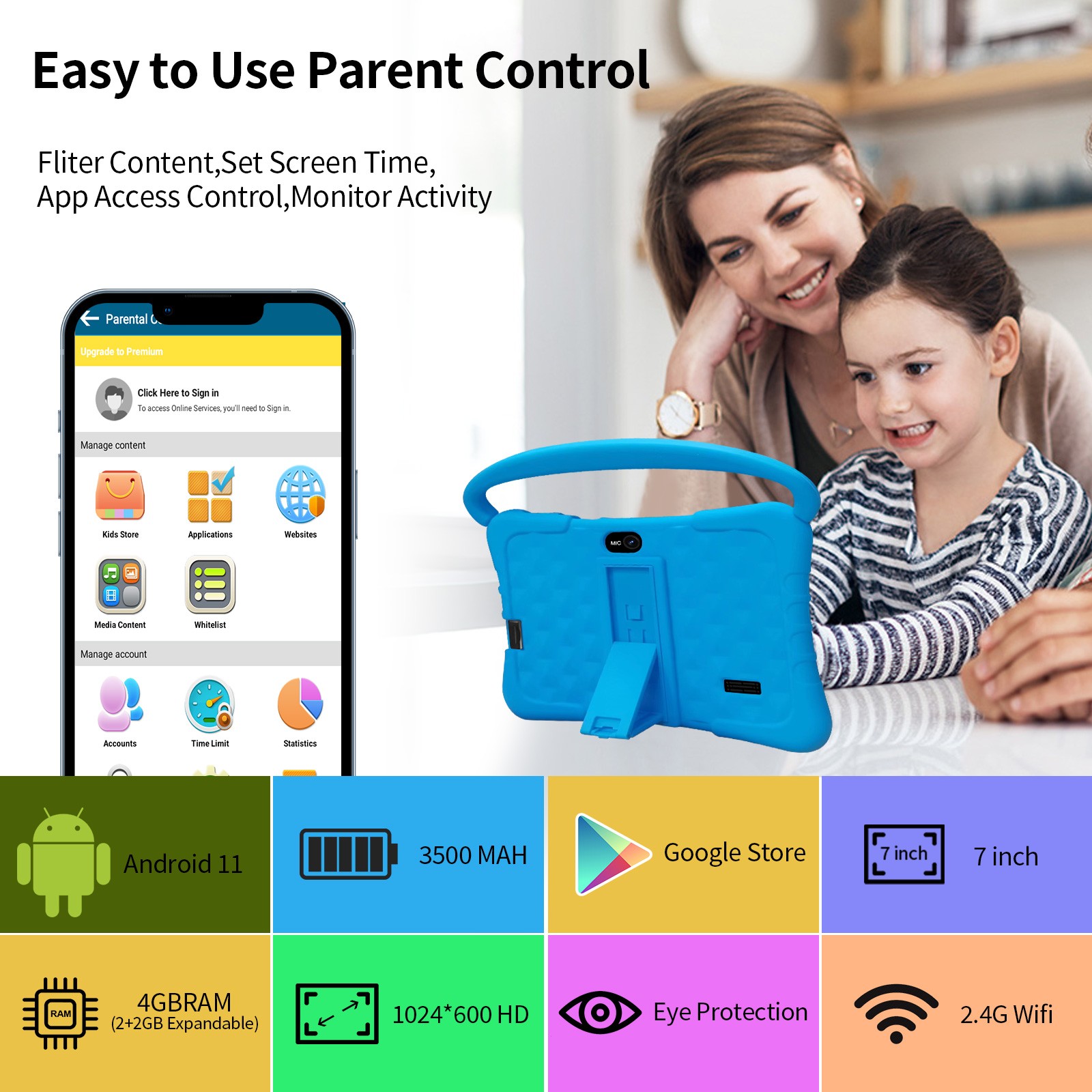 PRITOM Kid Tablet 7 inch Android Tablet 4GB(2+2)+32GB Bluetooth WiFi Dual Camera