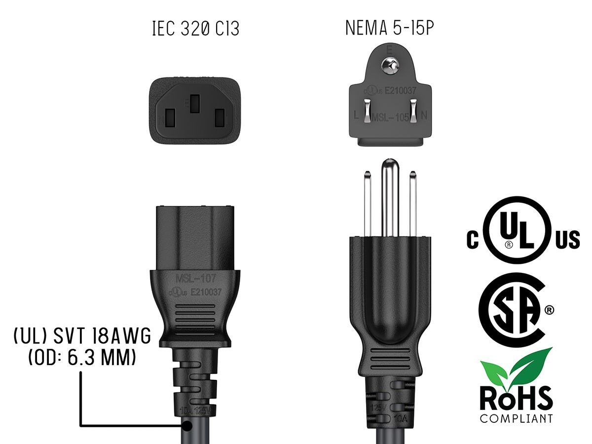 12ft NEMA 5-15P to C13 Shielded Heavy Duty Universal Power Cord, 18 AWG, 10A/…