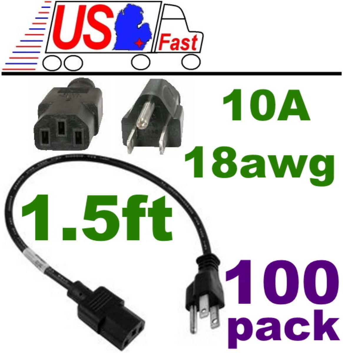 Lot100 18″in/1.5ft Short Standard Power Cord/Cable/Wire PC/AC/Printer IEC320 C13