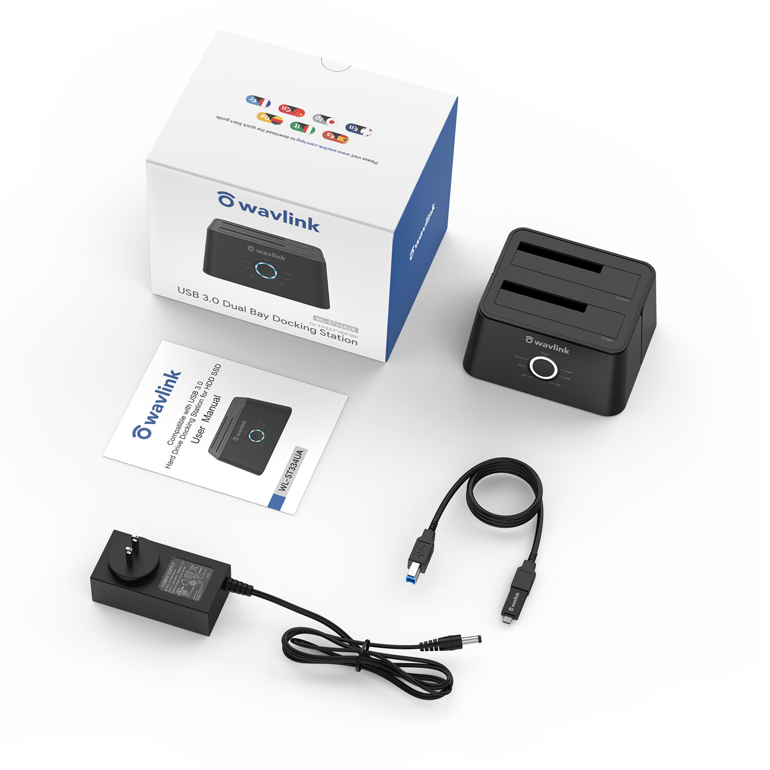 2.5/3.5″ HDD/SSD Hard Drive Enclosure SATA External Dual-Bay Dock USB A/C Reader