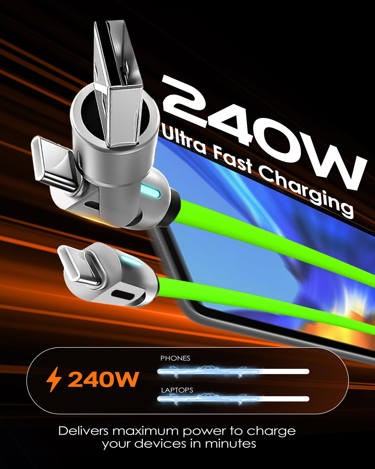 3 in 1 Ultimate 240W USB C Cable 3.94ft Multi Port Fast Charging Charger Cord