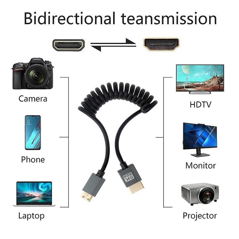 8K HDMI Stretch Coiled Cable HDMI 2.1 Type A Male to Male 90 Degree Down Angled