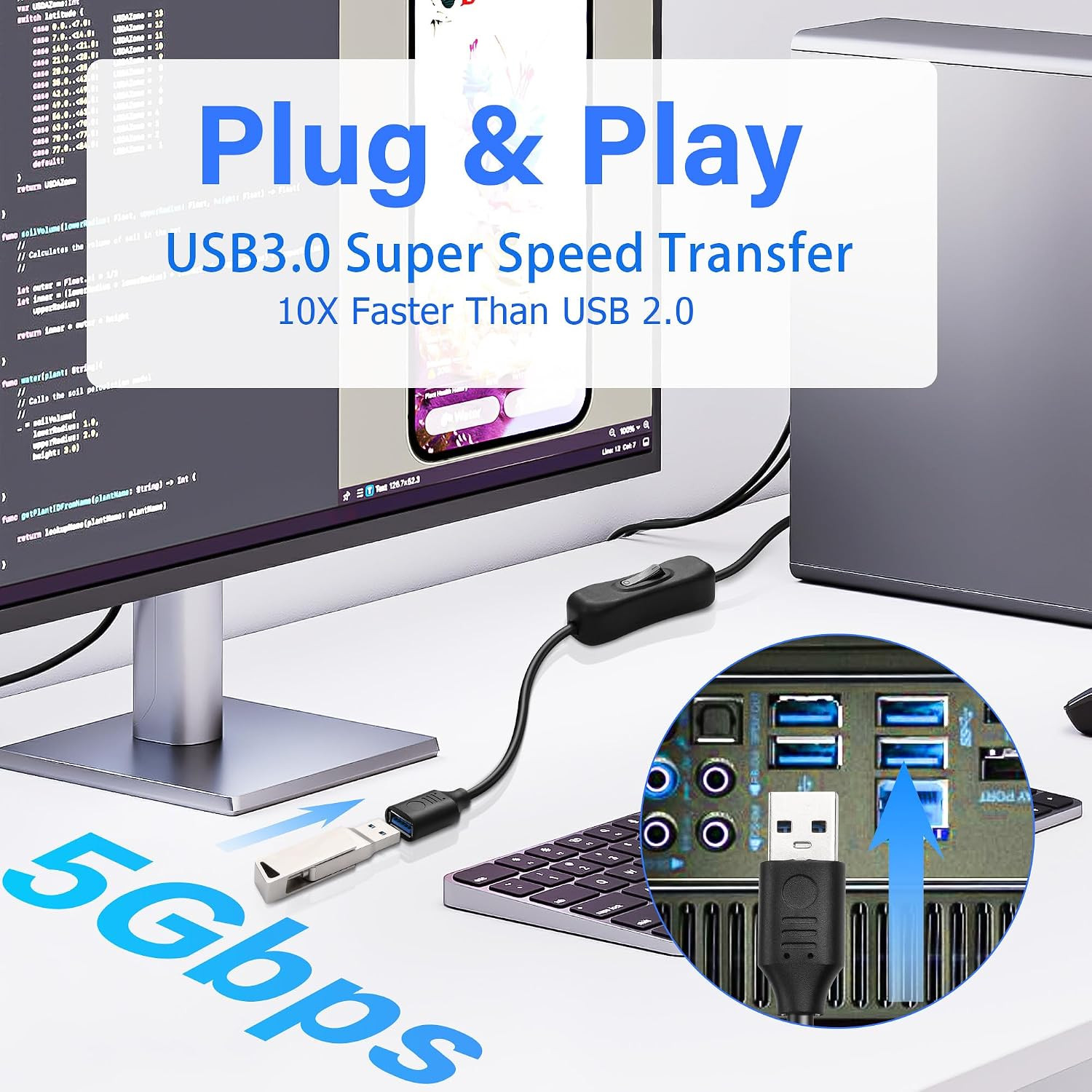 USB 3.0 Cable with On/Off Switch – USB Type a Male to Female Extension Cable – S