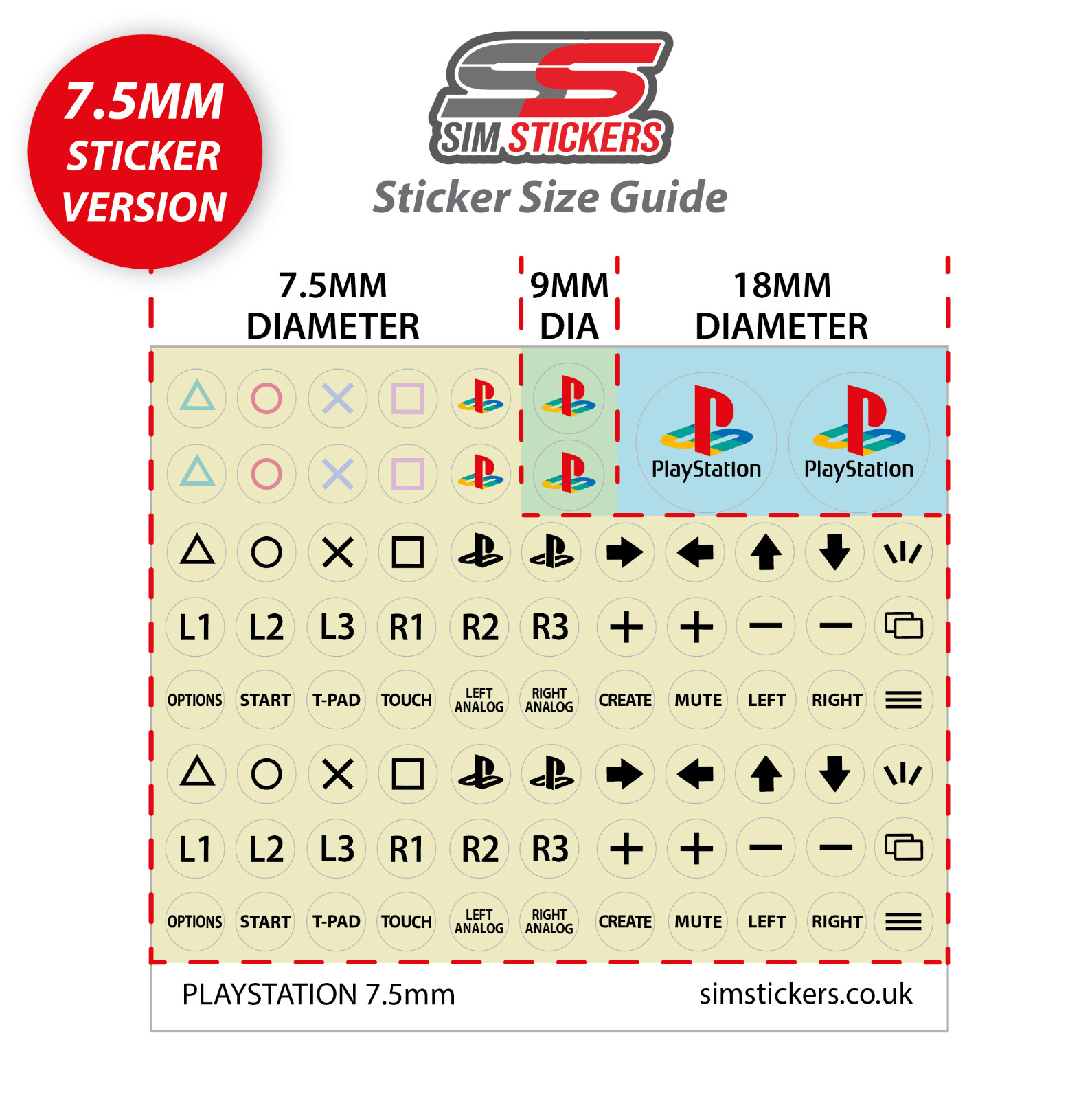 Round PlayStation Stickers Simulator Wheel/Button Box/Controller- 7.5mm 9mm 10mm