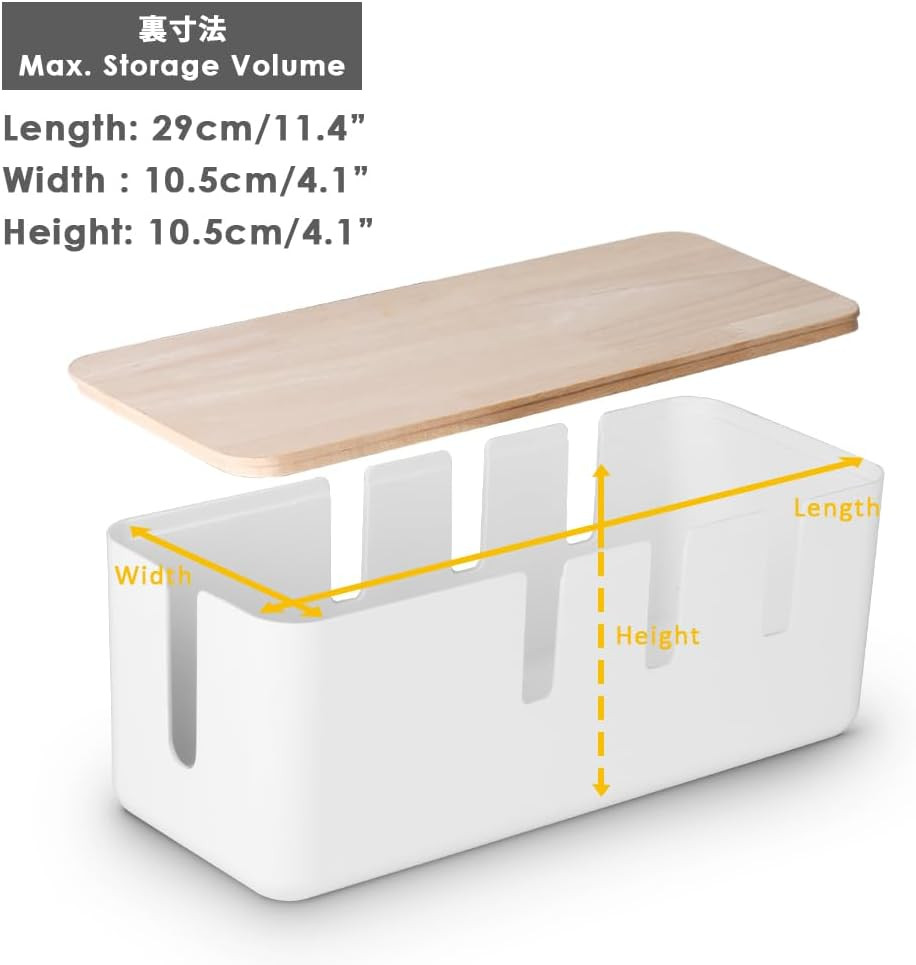Cable Management Box Wood Lid 12x5x4.5in Wire Cord Organizer for Desk TV PC