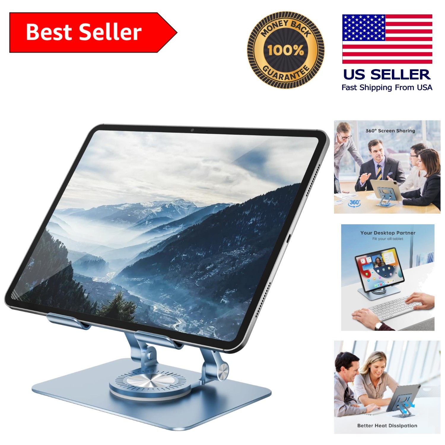 Universal Tablet Stand with Adjustable Height & 360° Swivel Base – Blue Elegance