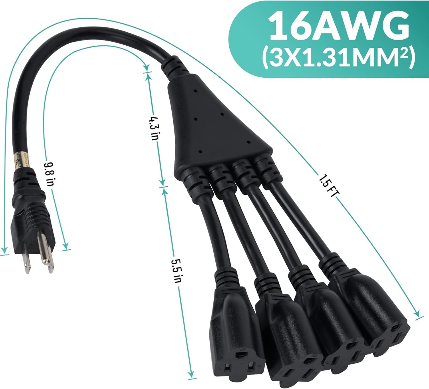 Efficient 4-Way Outlet Splitter – Heavy-Duty Black Extension Cable, 1.5 Ft