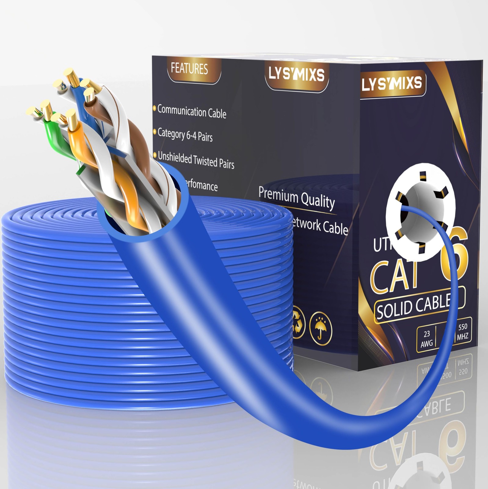 Cat6 Ethernet Cable 500 FT 23AWG Solid CCA 550MHz 10G Pull Box Wire Blue