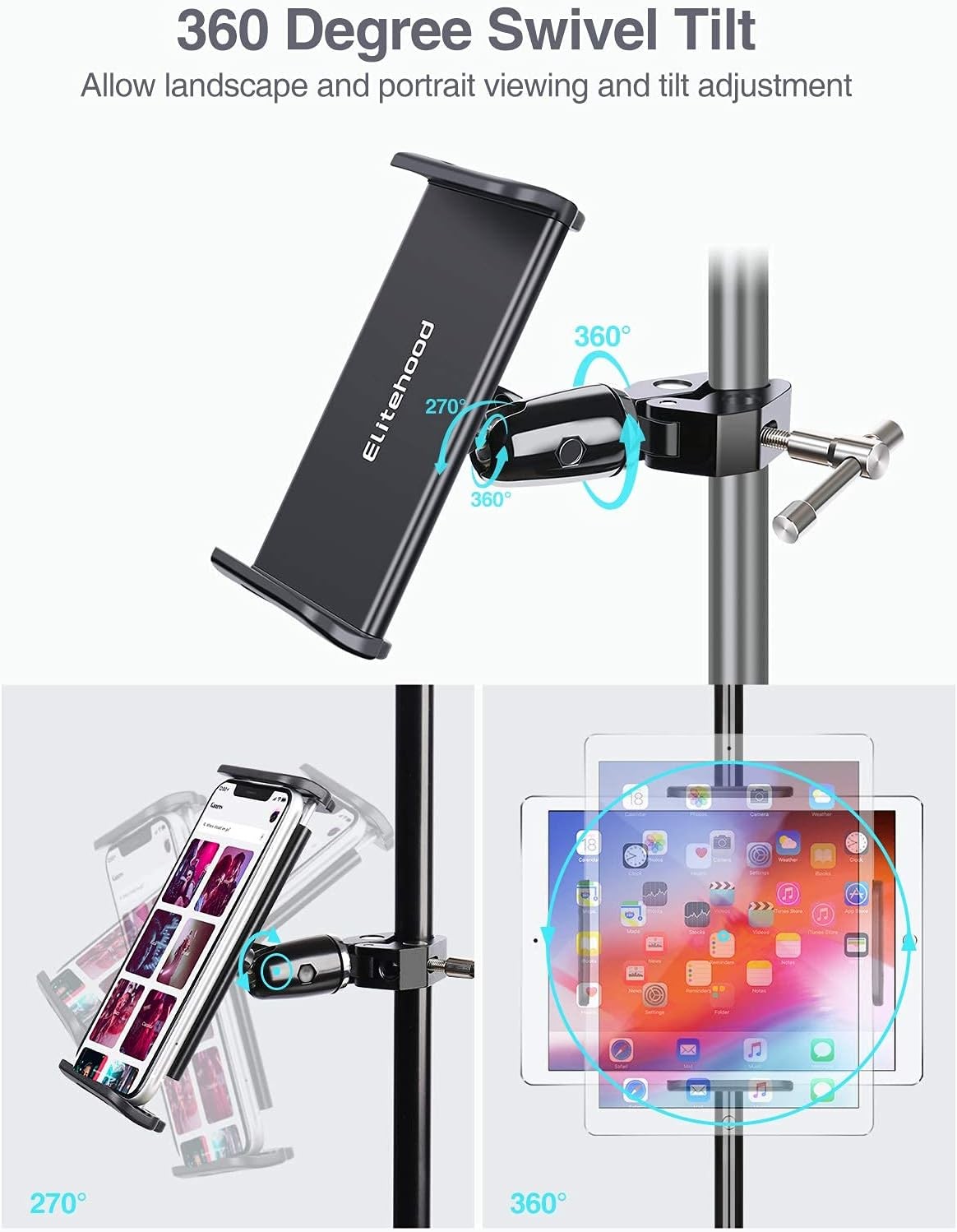 elitehood Metal iPad Holder for Mic Stand, 4.5in – Single Ball Joint, Black