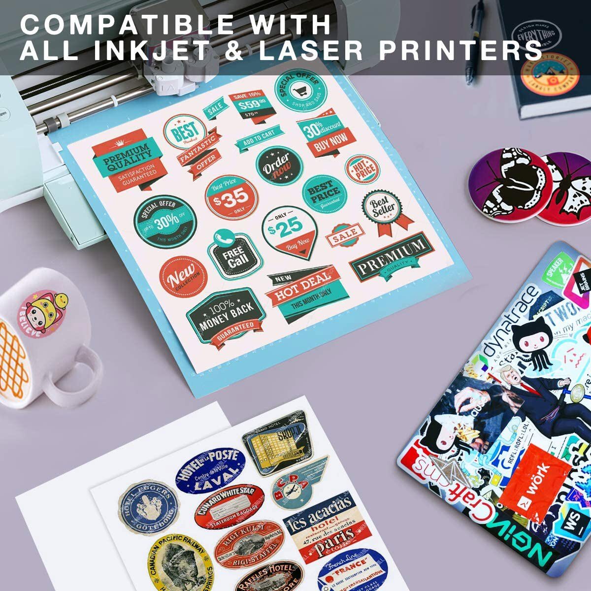 Waterproof Printable Vinyl Sticker Paper for Inkjet Laser Printer 8.5″x11″ US