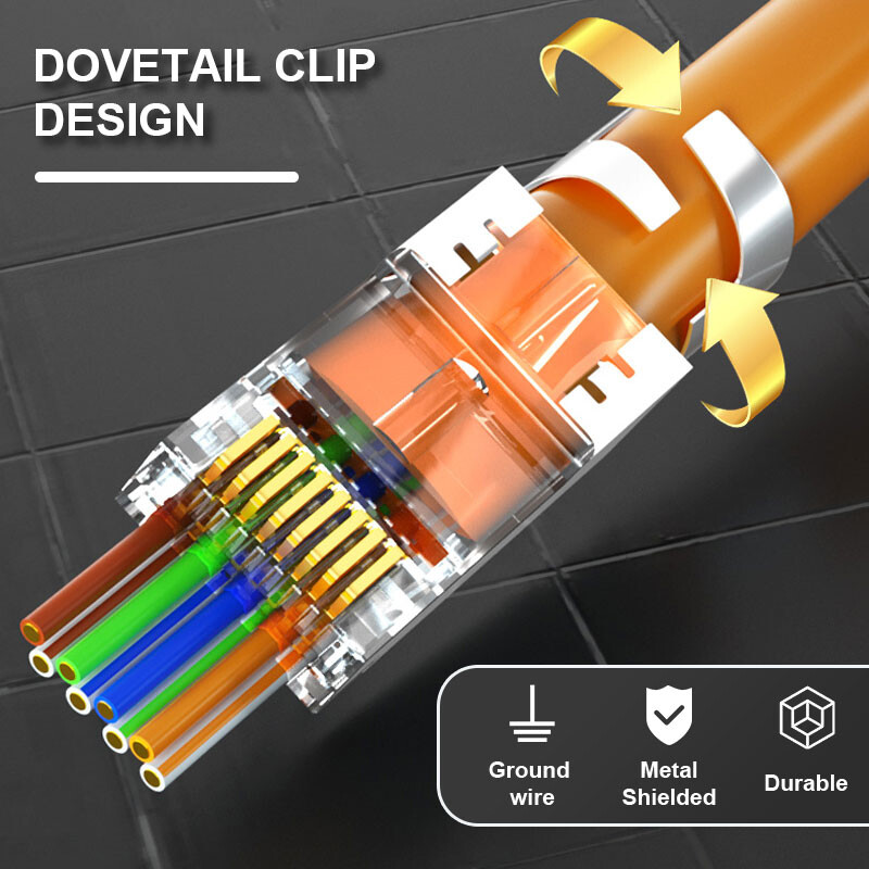 Cat7 RJ45 Pass Through Connectors Gold Plated Shielded for 23 AWG Network Cable