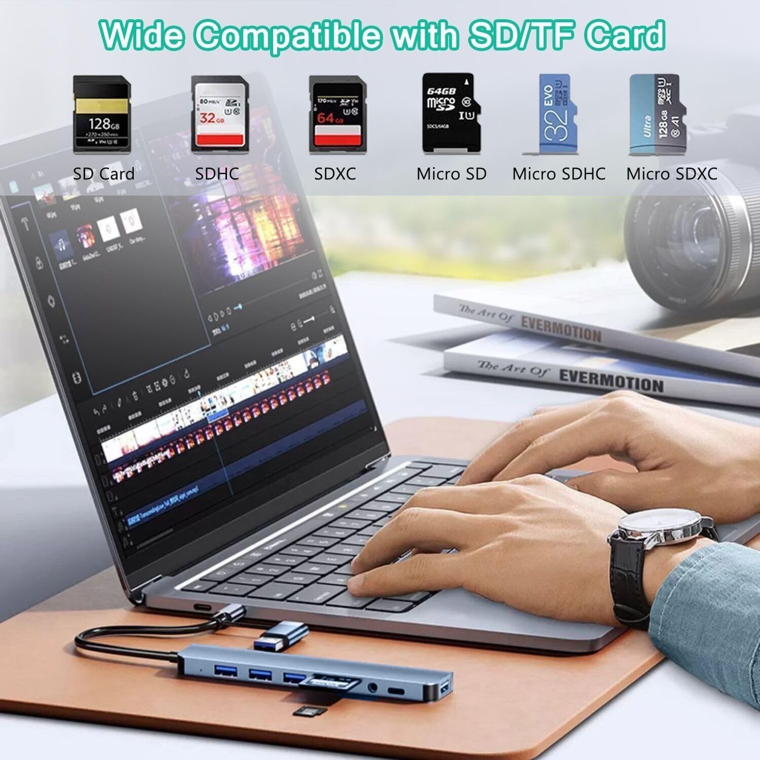8-in-1 USB Hub: Aluminum Extension with SD Reader & 5Gbps Data Transfer, Silver