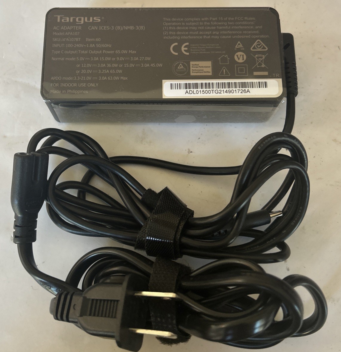 Targus 65W USB-C Adapter Laptop Tablet Phone Charger 5.9 ft. in Black New OB