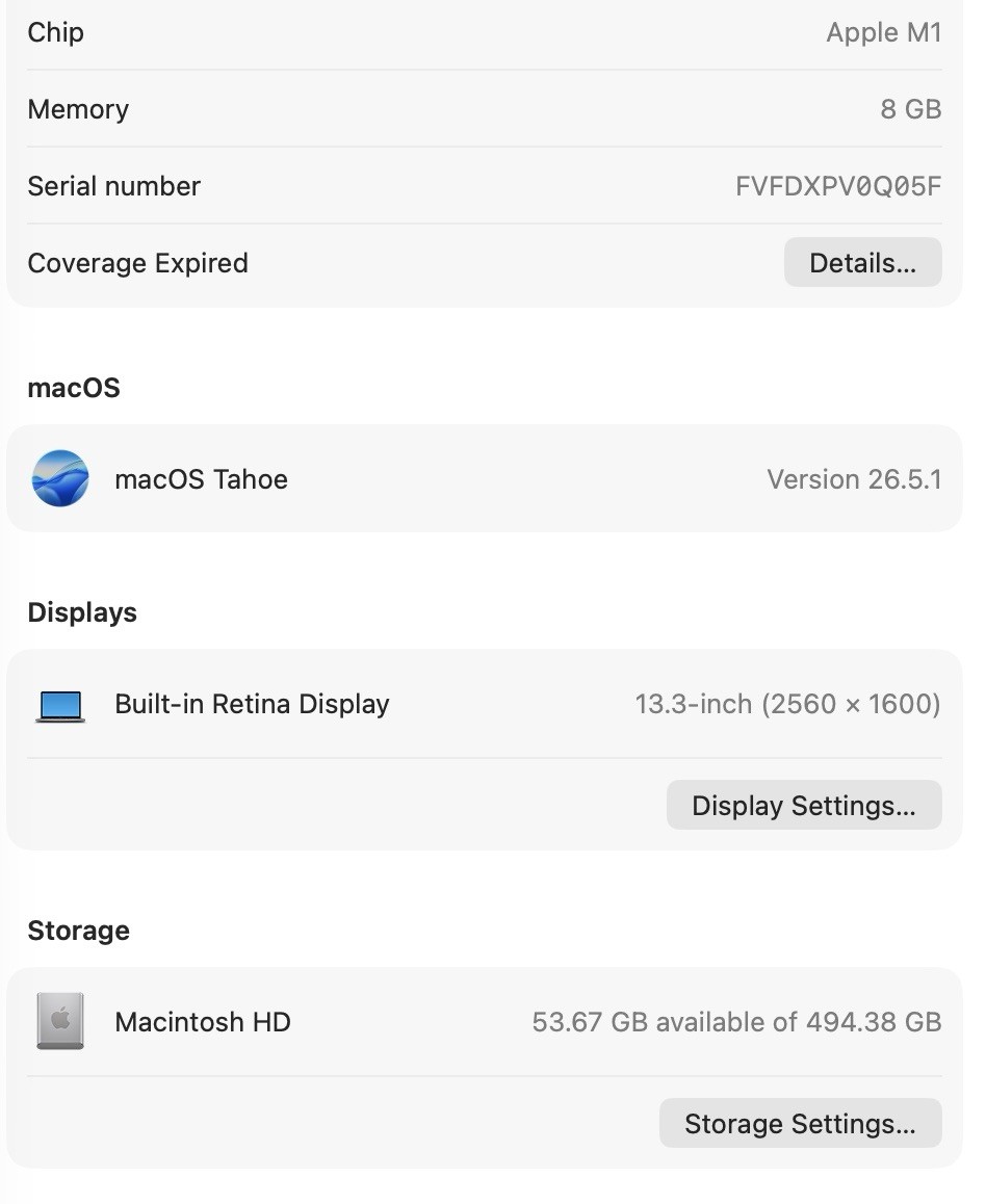 Apple MacBook Air 13.3in M1 8GB RAM 494GB SSD Silver macOS Tahoe