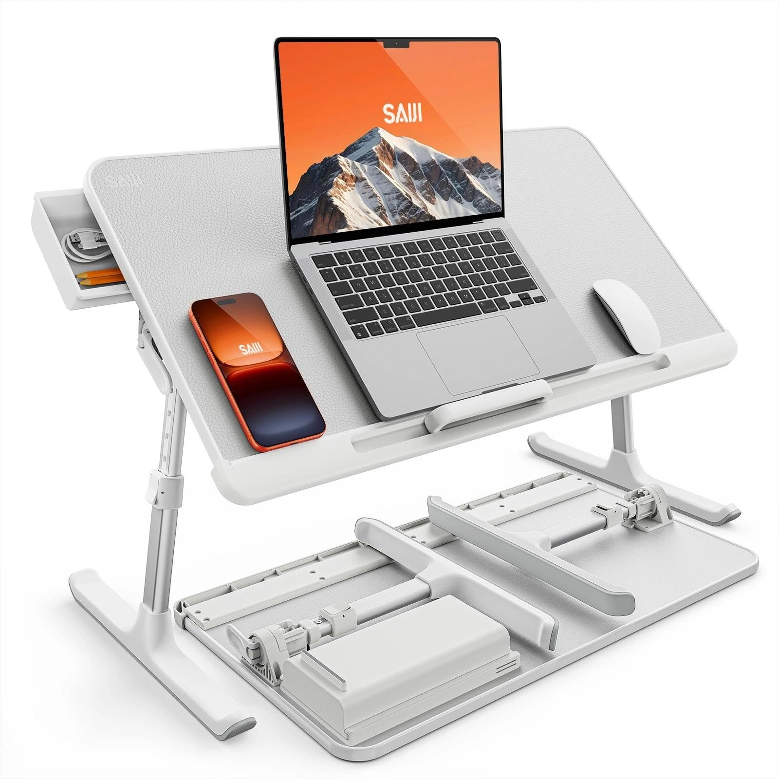 SAIJI Laptop Bed Tray Table, Adjustable PVC Leather 23.6 x 12.6 In, White