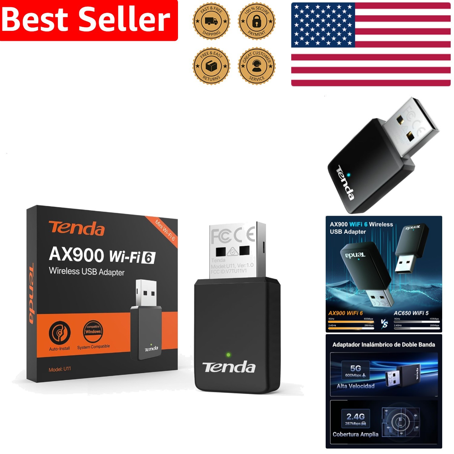 WiFi Dongle Built-in Driver AX900 High-Speed USB Wi-Fi 6 Desktop Windows 11/10/7