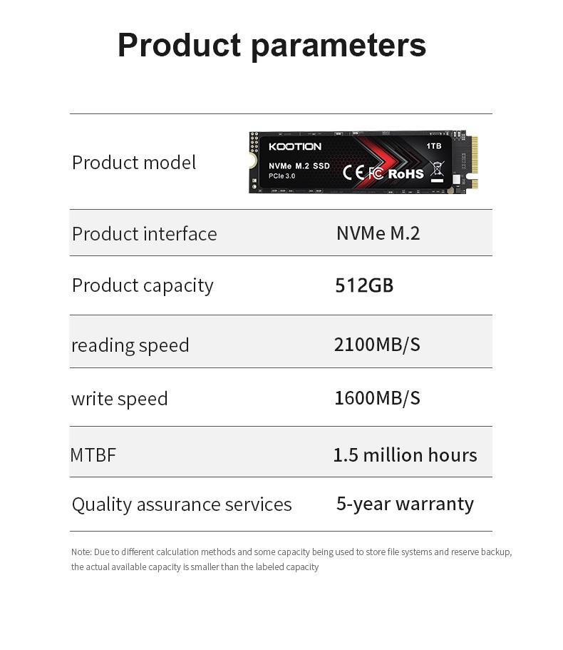 Kootion 1TB Internal Solid State Drive PCle 3.0 NVMe M.2 Drive Data to 2000MB/S