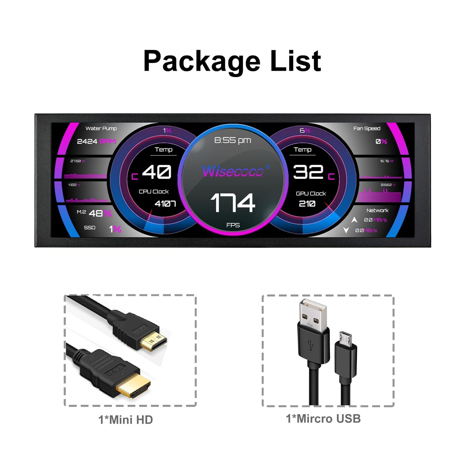 wisecoco 7.84 Inch Mini Monitor HD IPS 1280×400 Secondary Screen Stretched Ba
