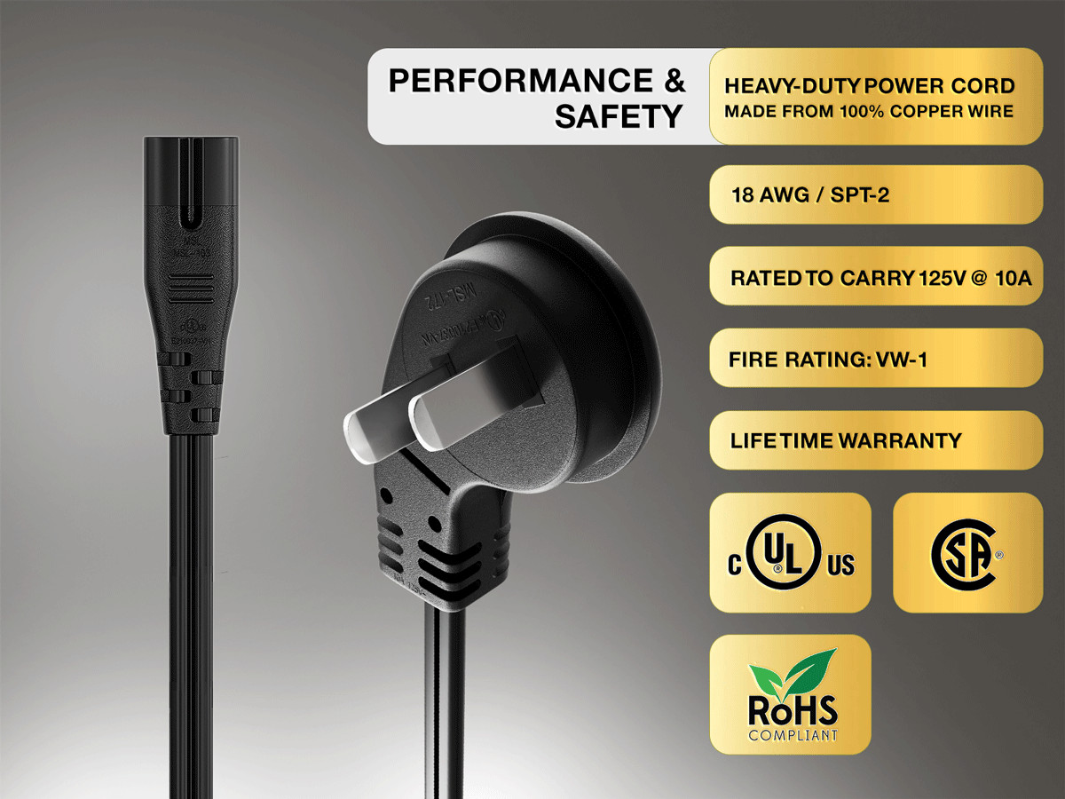 1ft Ultra Low Profile NEMA 1-15P Angled to C7 Non-Polarized Power Cord 18AWG …