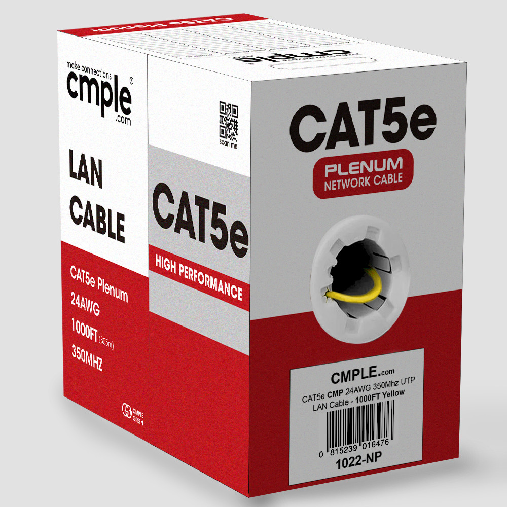 1000ft Cat5e Plenum Ethernet Cable CMP Solid 24AWG UTP Fast Install Yellow